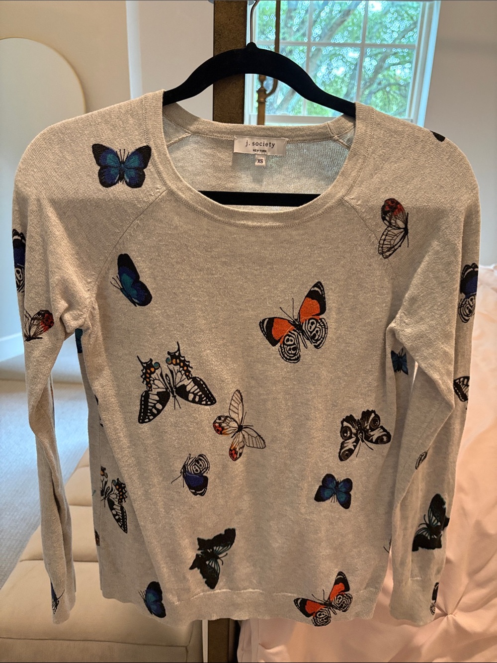 J Society Gray Long Sleeve Top with Multicolored Butterfly Print